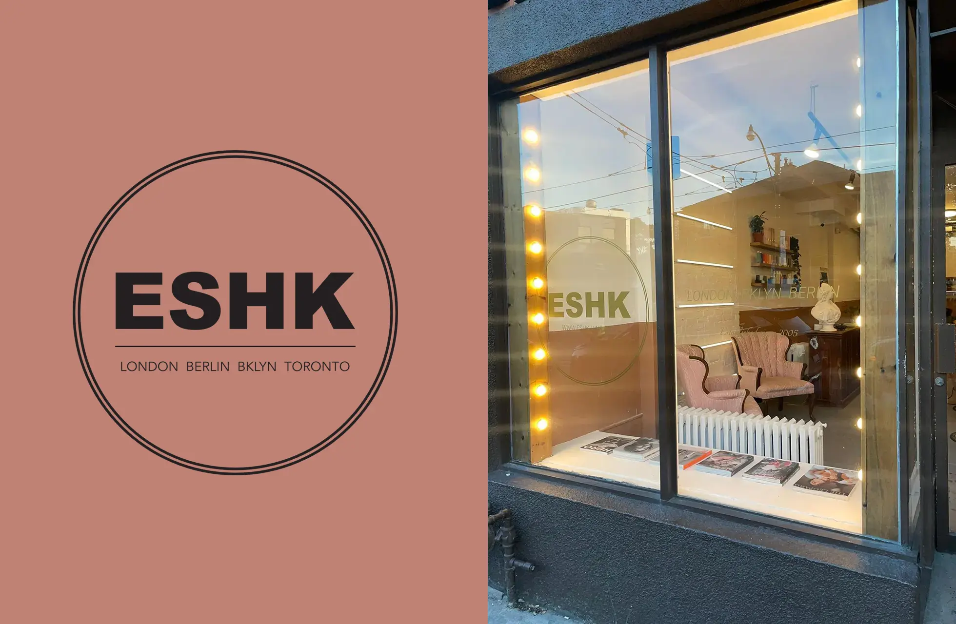 ESHK Hair Toronto salon exterior and waiting area with pink armchairs