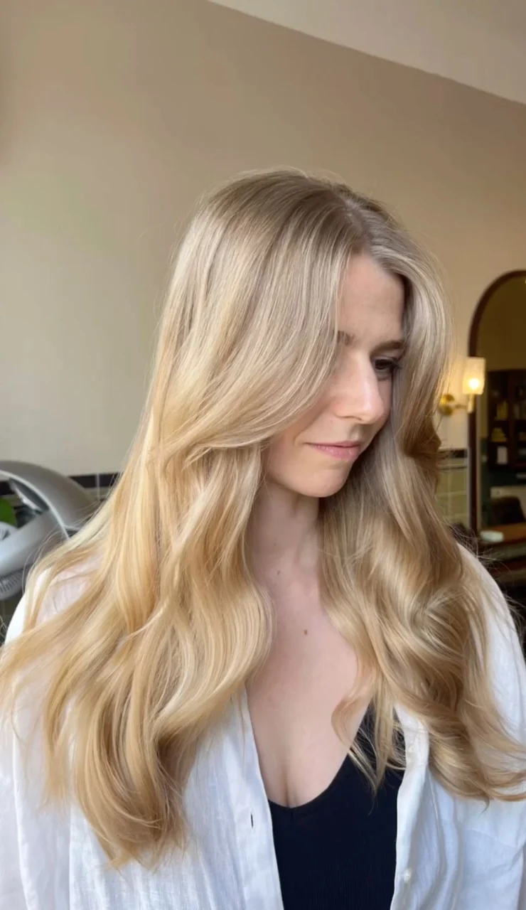 long blonde hair with curtain bangs by Sophia at ESHK Moabit hair salon in Berlin