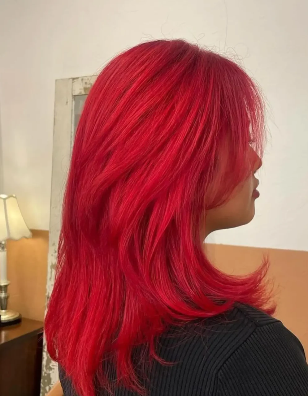 neon red hair color on asian hair by McKenzie at ESHK Toronto hair salon