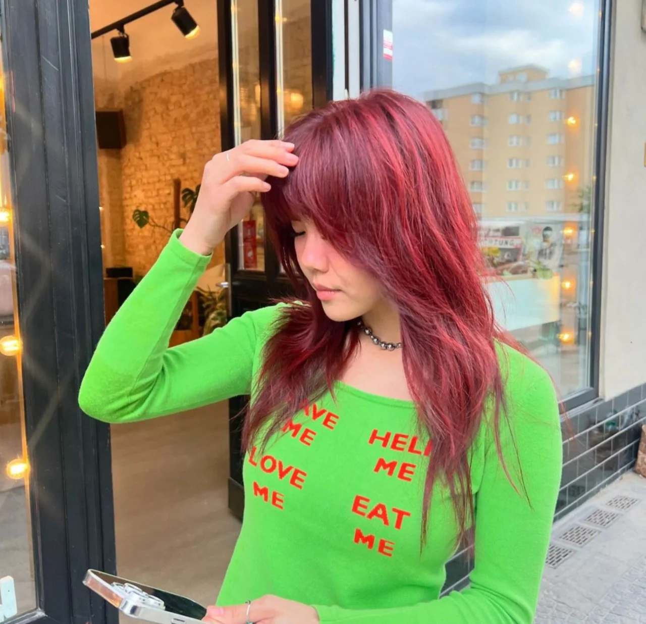 red hair colour on long layared asian hair by Sophia at ESHK Moabit in Berlin