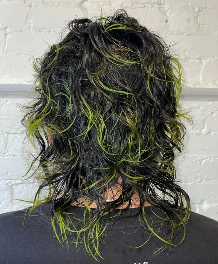 neon green tip dye haircolor on wolfcut at ESHK Hair Toronto salon by George